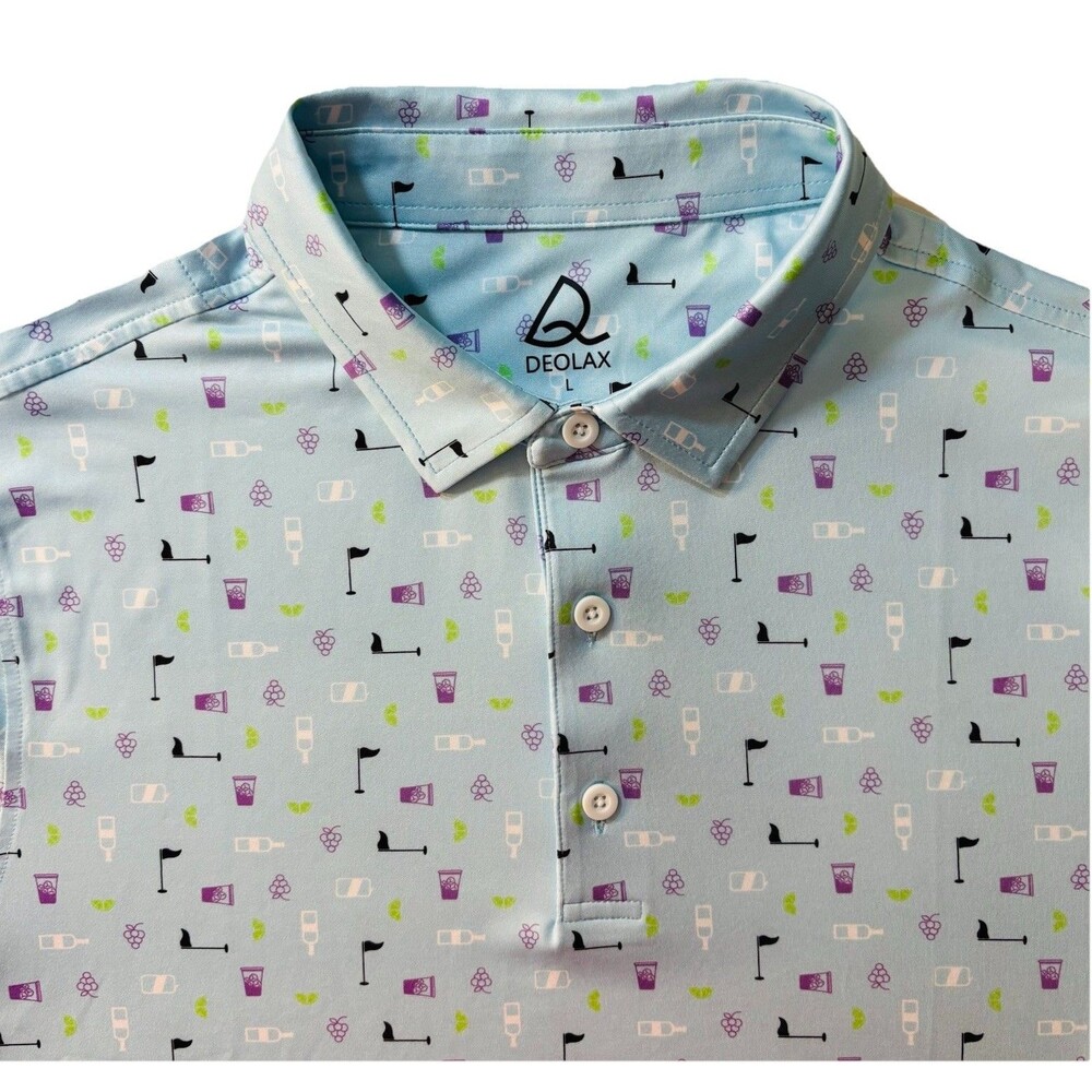 Deolax Blue Golf Wine Print Polo Shirt Mens Large Stretch Performance